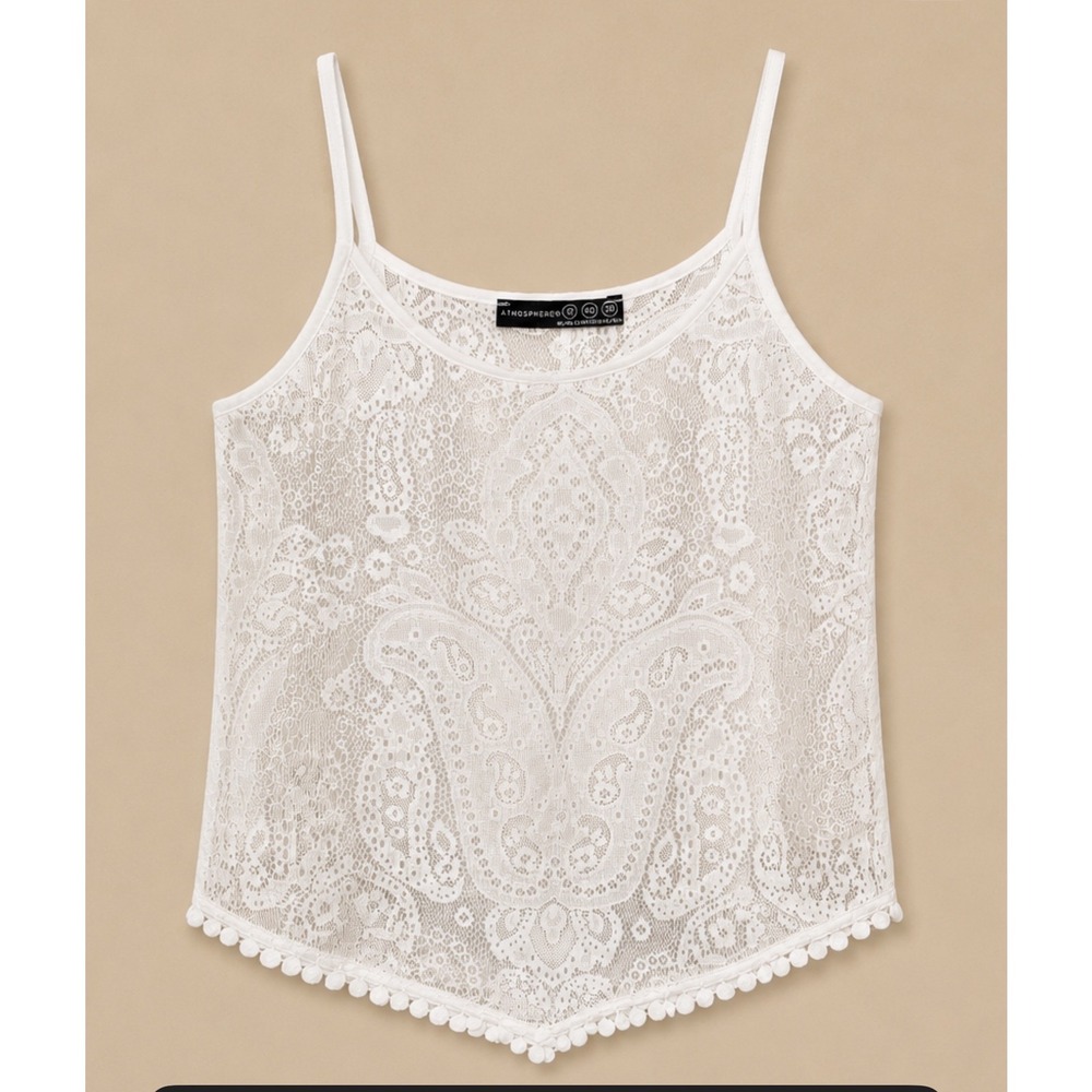 Atmosphere White Paisley Lace Camisole Pom Pom Trim Boho Chic Tank Top Size 12 - Picture 2 of 6